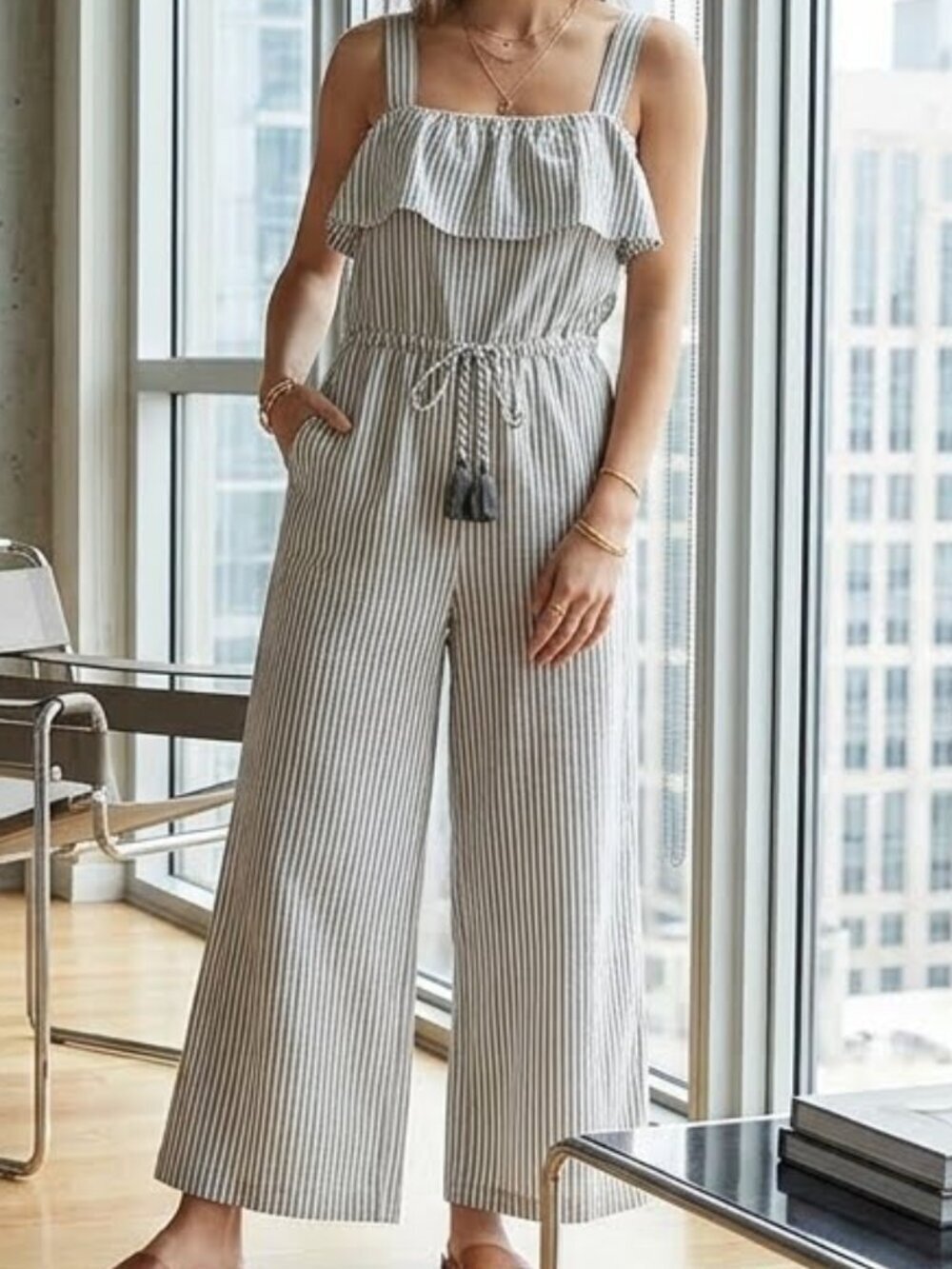 Zara Size XS Gray Stripe Ruffle Drawstring Waist Tassel Tie Wide Leg Jumpsuit